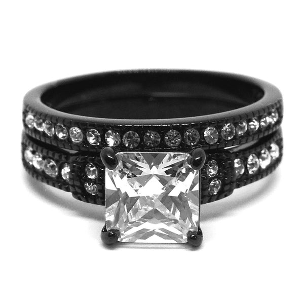 Matching Couple Ring Set Womens Princess Square CZ Black Wedding Ring Set Mens Two Tone Band - LA NY Jewelry