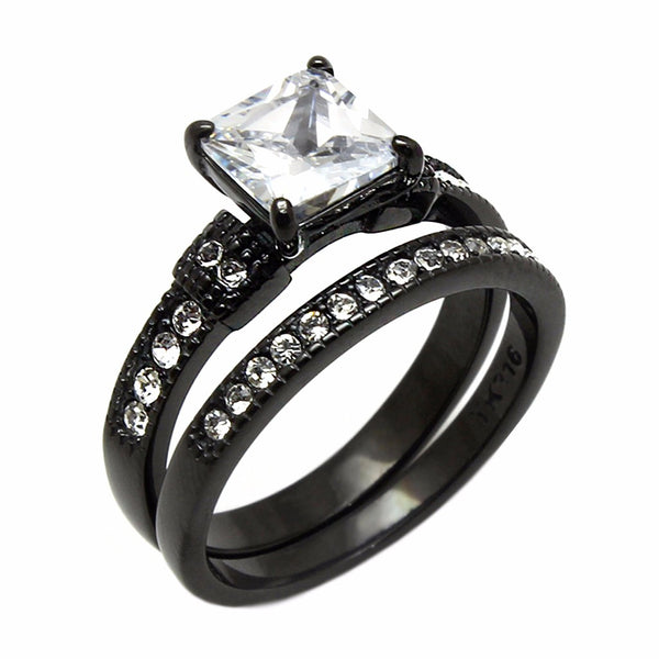 Couple Ring Set Womens Princess CZ Black Promise Ring Mens Bezel Set CZ  Wedding Band