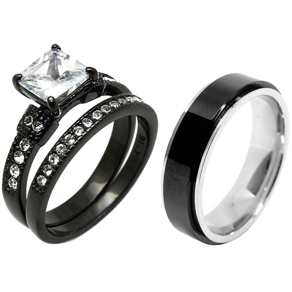 3 PCS Paar Princess Cut CZ Schwarz IP Edelstahl CZ Hochzeitsset Herren passendes Spinning Band