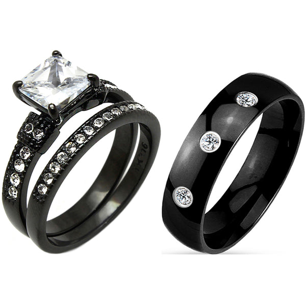 Juego de 3 anillos de boda de acero inoxidable con circonitas cúbicas negras de corte princesa para hombre con 3 circonitas cúbicas