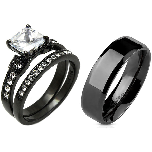 Juego de 3 piezas de anillos de boda de acero inoxidable con circonita cúbica de corte princesa y circonita cúbica negra para hombre
