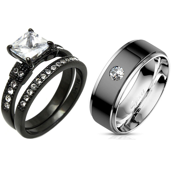Couple Ring Set Womens Princess CZ Black Promise Ring Mens Bezel Set CZ  Wedding Band