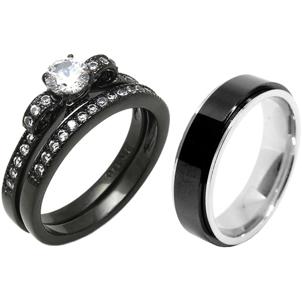 3 Stück Paar 5x5mm Rundschliff CZ Schwarz IP Edelstahl Hochzeitsset Herren passendes Drehband