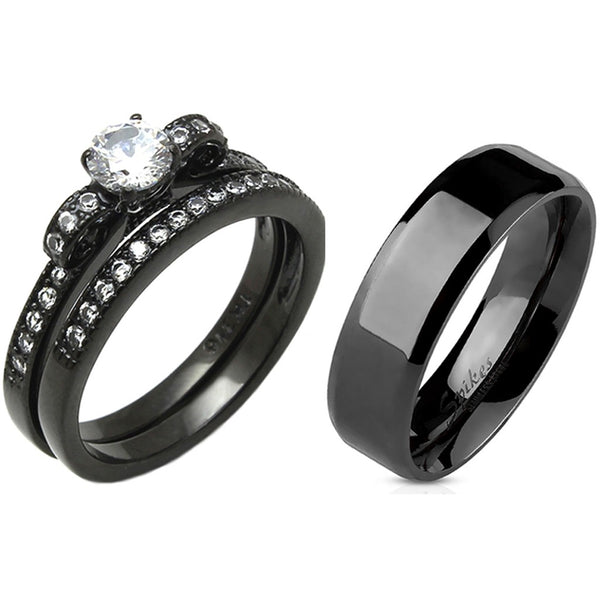 3 PCS Couple 5x5mm Round Cut CZ Black IP Stainless Steel Wedding Set Mens Flat Band