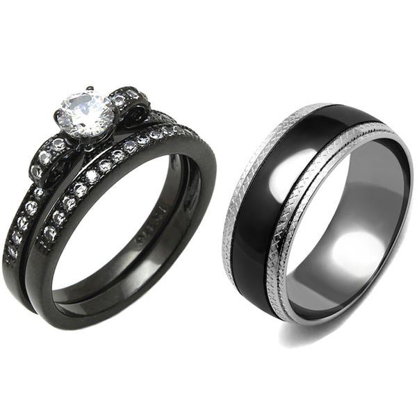 3 PCS Couple 5x5mm Round Cut CZ Black IP Stainless Steel Wedding Set Mens Matching Band
