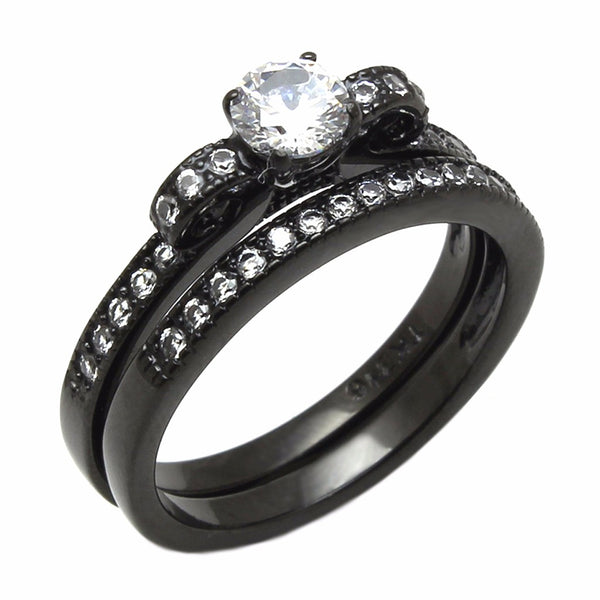 Couples Ring Set Womens Black Anniversary Ring Mens Bezel Set CZ  Wedding Band