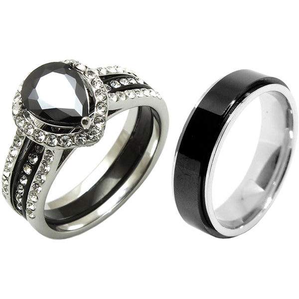Juego de 3 piezas de anillos de boda de acero inoxidable con circonita cúbica negra y corte de pera para hombre