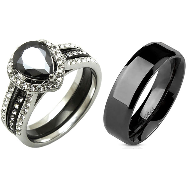 3 PCS Couple Pear Cut Black CZ Black IP Stainless Steel Wedding Set Mens Flat Band
