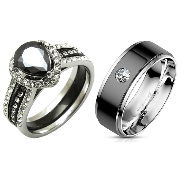 Ihn Ihr Paar Ring Set Damen Schwarz Birne CZ Ehering Herren Lünette Set CZ Ehering