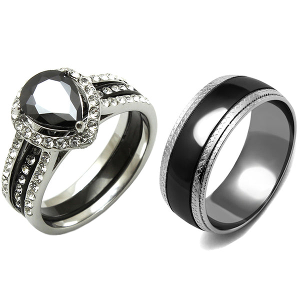 3 PCS Couple Pear Cut Black CZ Black IP Stainless Steel Wedding Set Mens Matching Band