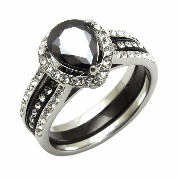 3 PCS Couple Pear Cut Black CZ Black IP Stainless Steel Wedding Set Mens Flat Band