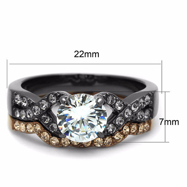 Womens Round Cut CZ in Light Black & Light Coffee IP Stainless Steel 2 RINGS SET - LA NY Jewelry