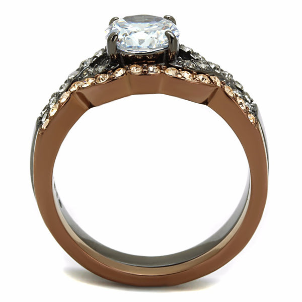 Womens Round Cut CZ in Light Black & Light Coffee IP Stainless Steel 2 RINGS SET - LA NY Jewelry