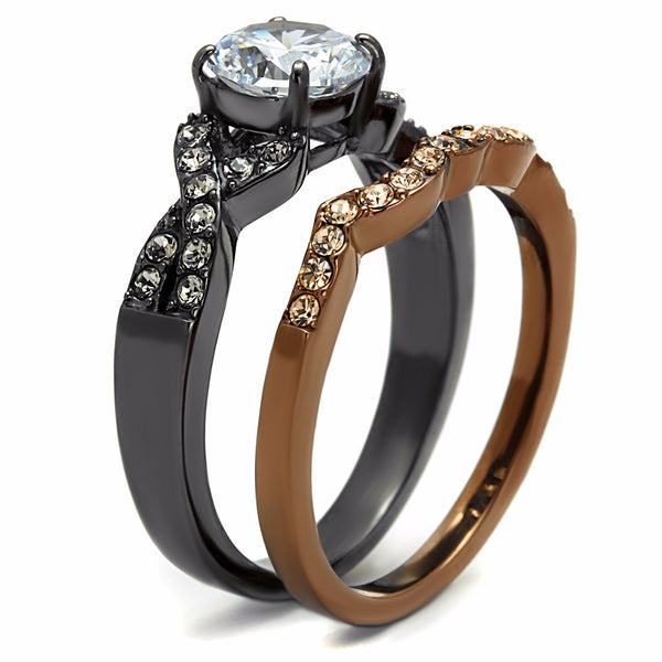 Womens Round Cut CZ in Light Black & Light Coffee IP Stainless Steel 2 RINGS SET - LA NY Jewelry