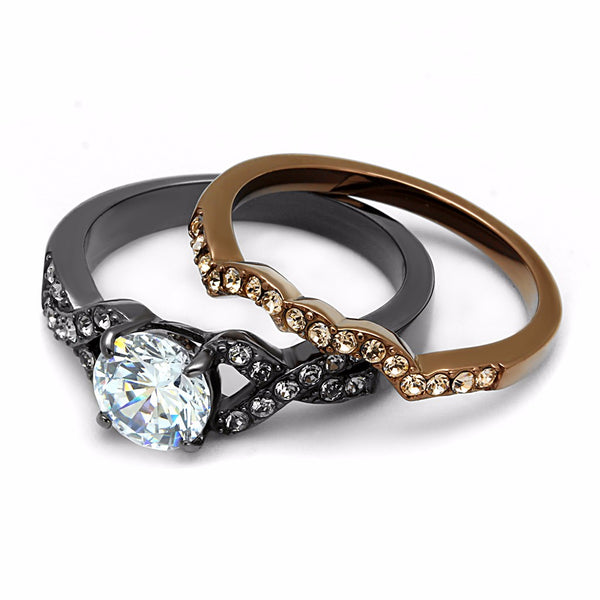Womens Round Cut CZ in Light Black & Light Coffee IP Stainless Steel 2 RINGS SET - LA NY Jewelry