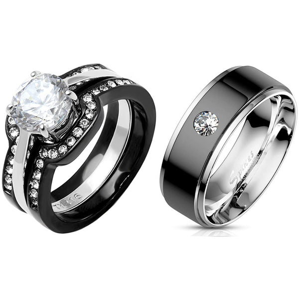 His Hers 4 PC Ring Set Womens Round CZ Engagement Two Tone Ring Mens Bezel Set CZ  Wedding Band