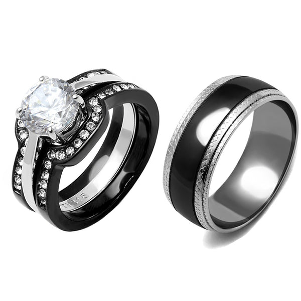 His Hers Couple Ring Set Womens Round CZ Wedding Two Tone Ring Set Mens Matching Band