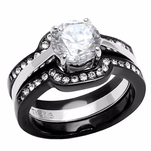 His Hers 4 PC Ring Set Womens Round CZ Engagement Two Tone Ring Mens Bezel Set CZ  Wedding Band