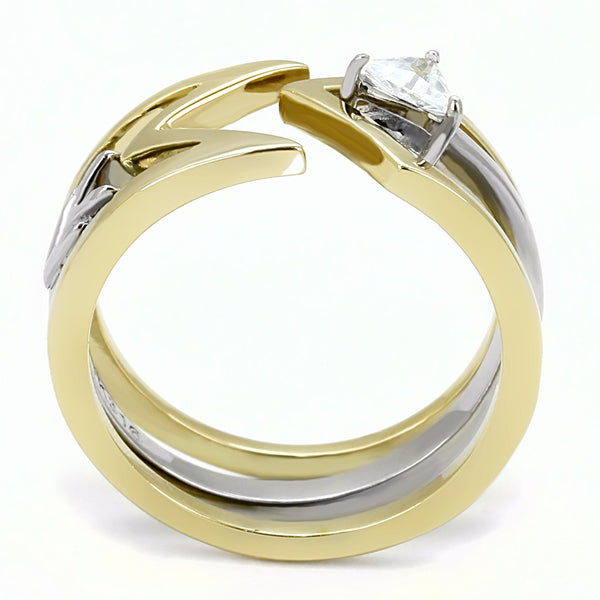 4x4mm Triangle Cut Solitaire CZ Two-Tone Gold IP Stainless Steel 2 Rings Set - LA NY Jewelry