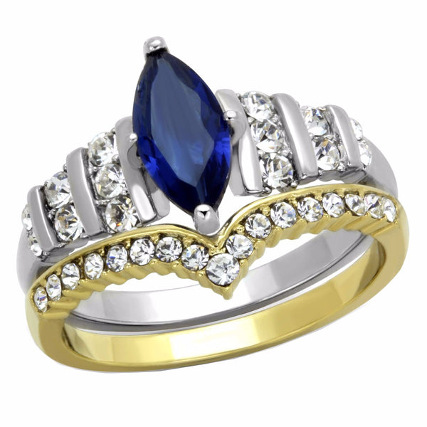 Womens Marquise Cut Sapphire CZ Two Tone Gold Stainless Steel Wedding Ring Set - LA NY Jewelry