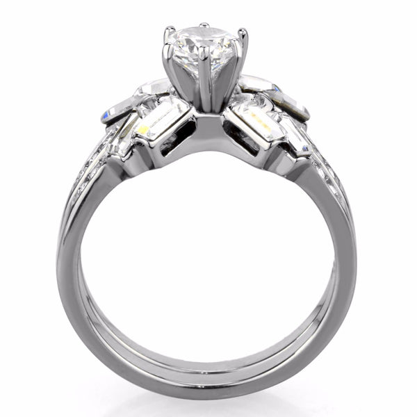 Womens 5x5mm Round Cut CZ Center Stainless Steel Engagement 2 Ring Set - LA NY Jewelry