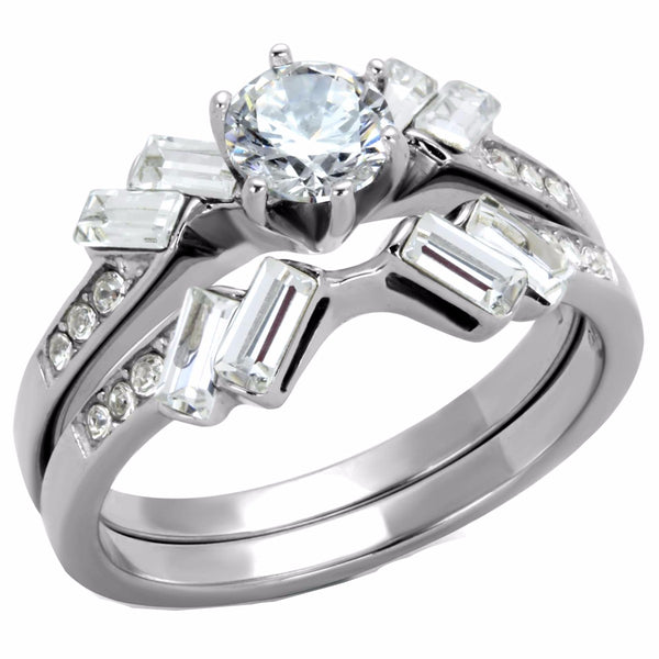 Womens 5x5mm Round Cut CZ Center Stainless Steel Engagement 2 Ring Set - LA NY Jewelry