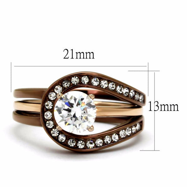 6.5x6.5mm Round CZ Two Tone Rose Gold and Light Coffee IP Stainless Steel Ring Set - LA NY Jewelry