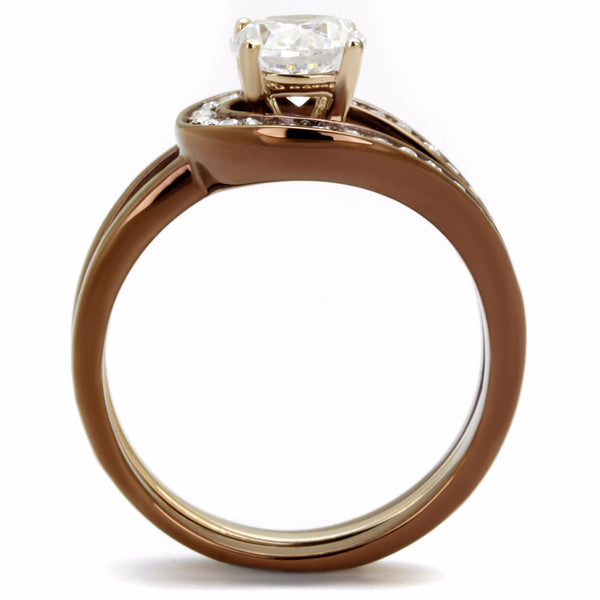 6.5x6.5mm Round CZ Two Tone Rose Gold and Light Coffee IP Stainless Steel Ring Set - LA NY Jewelry