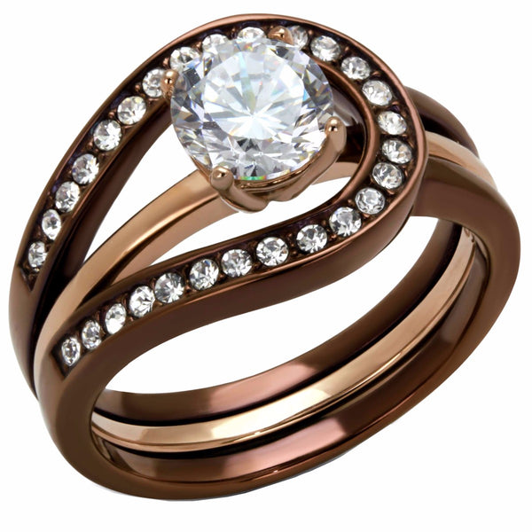 6.5x6.5mm Round CZ Two Tone Rose Gold and Light Coffee IP Stainless Steel Ring Set - LA NY Jewelry