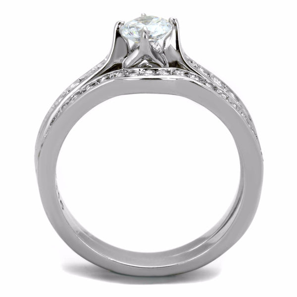 Womens 5x5mm Round Cut Clear CZ 316 Stainless Steel Wedding 2 Ring Set - LA NY Jewelry