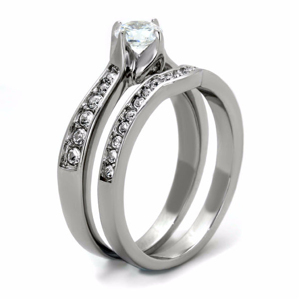 Womens 5x5mm Round Cut Clear CZ 316 Stainless Steel Wedding 2 Ring Set - LA NY Jewelry