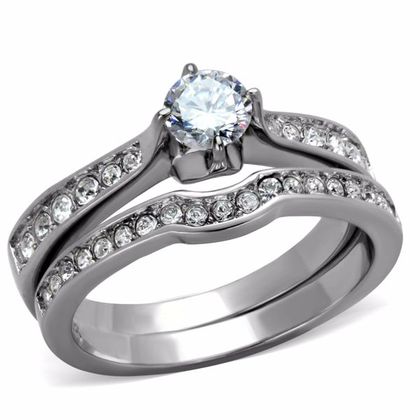 Womens 5x5mm Round Cut Clear CZ 316 Stainless Steel Wedding 2 Ring Set - LA NY Jewelry