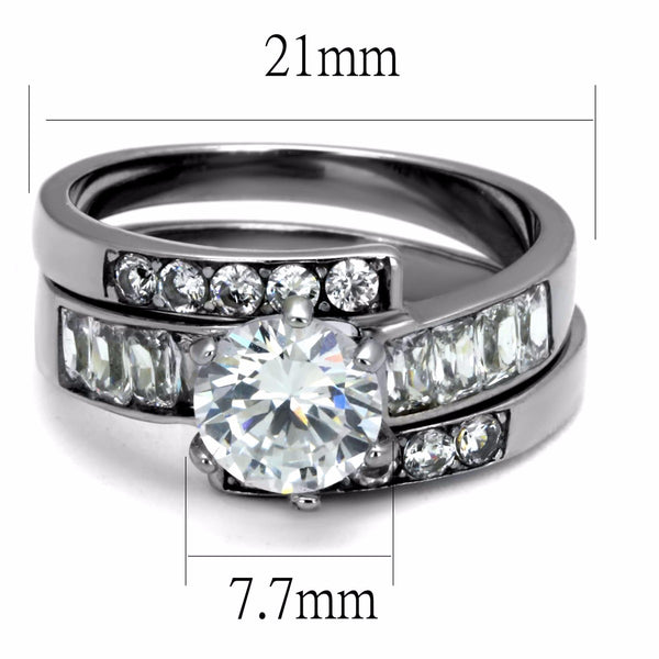 Womens 7x7mm Round Cut CZ Center Stainless Steel Wedding 2 Rings Set - LA NY Jewelry