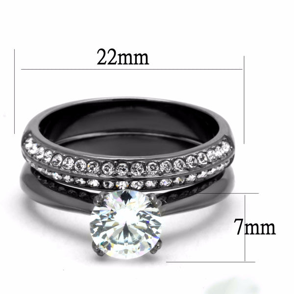 Womens 7x7mm Round Cut CZ Light Black IP Stainless Steel Wedding 2 Rings Set - LA NY Jewelry