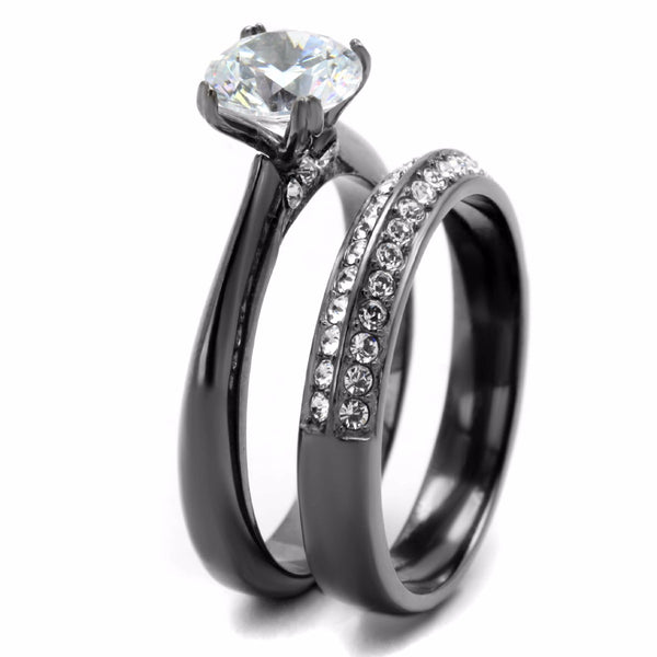 Womens 7x7mm Round Cut CZ Light Black IP Stainless Steel Wedding 2 Rings Set - LA NY Jewelry