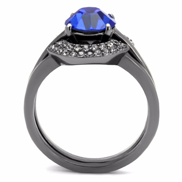 Womens 8x8mm Round Cut Sapphire CZ Light Black IP Stainless Steel Wedding 3 Ring Set - LA NY Jewelry