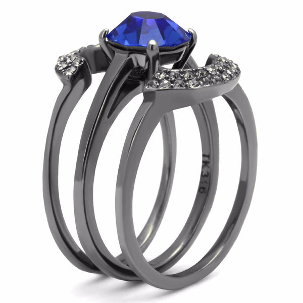 Womens 8x8mm Round Cut Sapphire CZ Light Black IP Stainless Steel Wedding 3 Ring Set - LA NY Jewelry