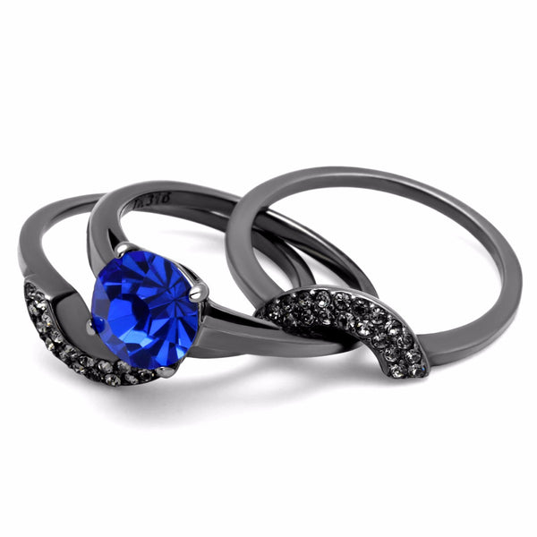 Womens 8x8mm Round Cut Sapphire CZ Light Black IP Stainless Steel Wedding 3 Ring Set - LA NY Jewelry