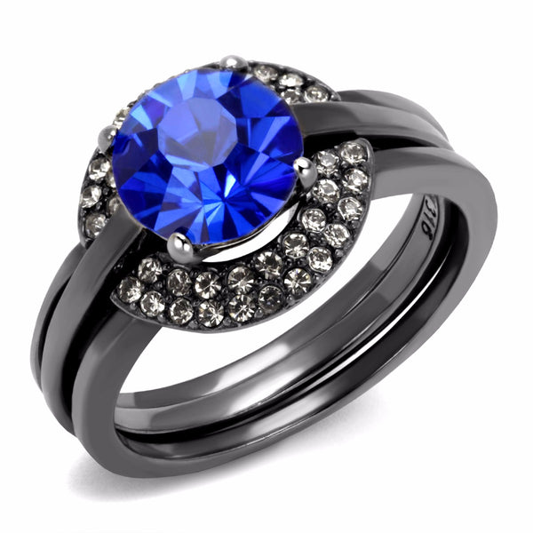 Womens 8x8mm Round Cut Sapphire CZ Light Black IP Stainless Steel Wedding 3 Ring Set - LA NY Jewelry