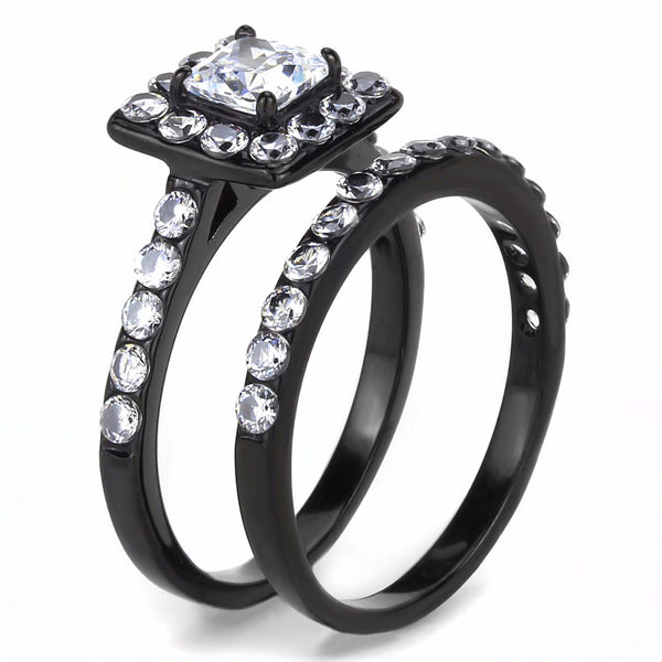 5x5mm Princess Cut CZ Center with 2.5mm Round CZ Side Black IP Stainless Steel Ring Set - LA NY Jewelry