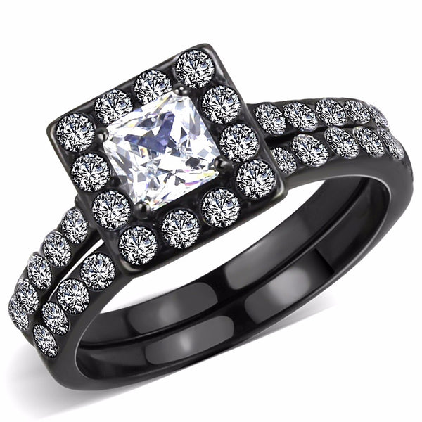 5x5mm Princess Cut CZ Center with 2.5mm Round CZ Side Black IP Stainless Steel Ring Set - LA NY Jewelry