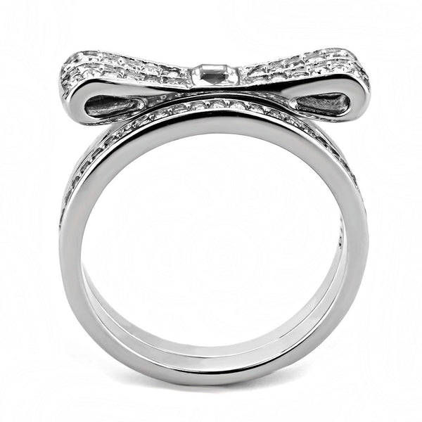 Womens 3x3mm Square CZ Center Bow Tie Style Stainless Steel Wedding 2 Rings Set - LA NY Jewelry