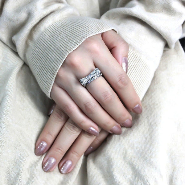 Womens 3x3mm Square CZ Center Bow Tie Style Stainless Steel Wedding 2 Rings Set - LA NY Jewelry
