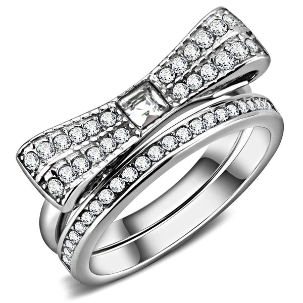 Womens 3x3mm Square CZ Center Bow Tie Style Stainless Steel Wedding 2 Rings Set - LA NY Jewelry
