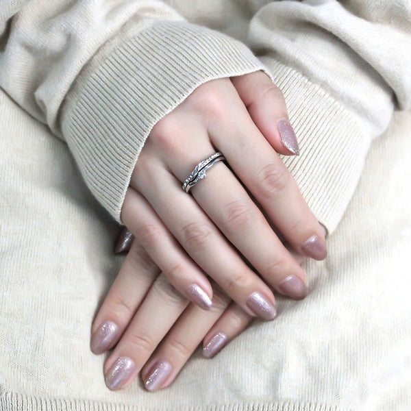 Womens 3x3mm Round CZ Center Simple Style Stainless Steel Wedding 2 Rings Set - LA NY Jewelry