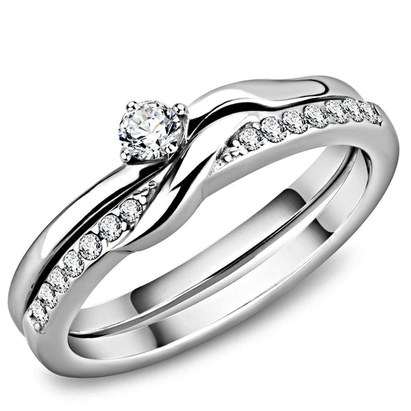 Womens 3x3mm Round CZ Center Simple Style Stainless Steel Wedding 2 Rings Set - LA NY Jewelry
