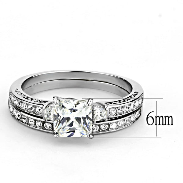 Womens 6x6mm Square CZ Center Luxury Style Stainless Steel Wedding 2 Rings Set  - LA NY Jewelry