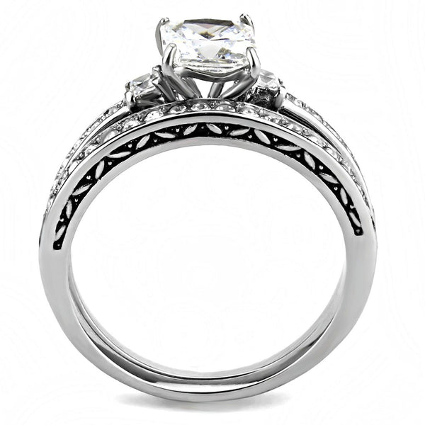 Womens 6x6mm Square CZ Center Luxury Style Stainless Steel Wedding 2 Rings Set  - LA NY Jewelry