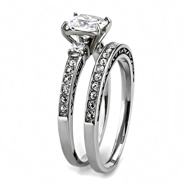 Womens 6x6mm Square CZ Center Luxury Style Stainless Steel Wedding 2 Rings Set  - LA NY Jewelry