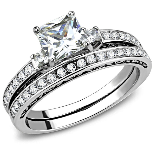 Womens 6x6mm Square CZ Center Luxury Style Stainless Steel Wedding 2 Rings Set  - LA NY Jewelry